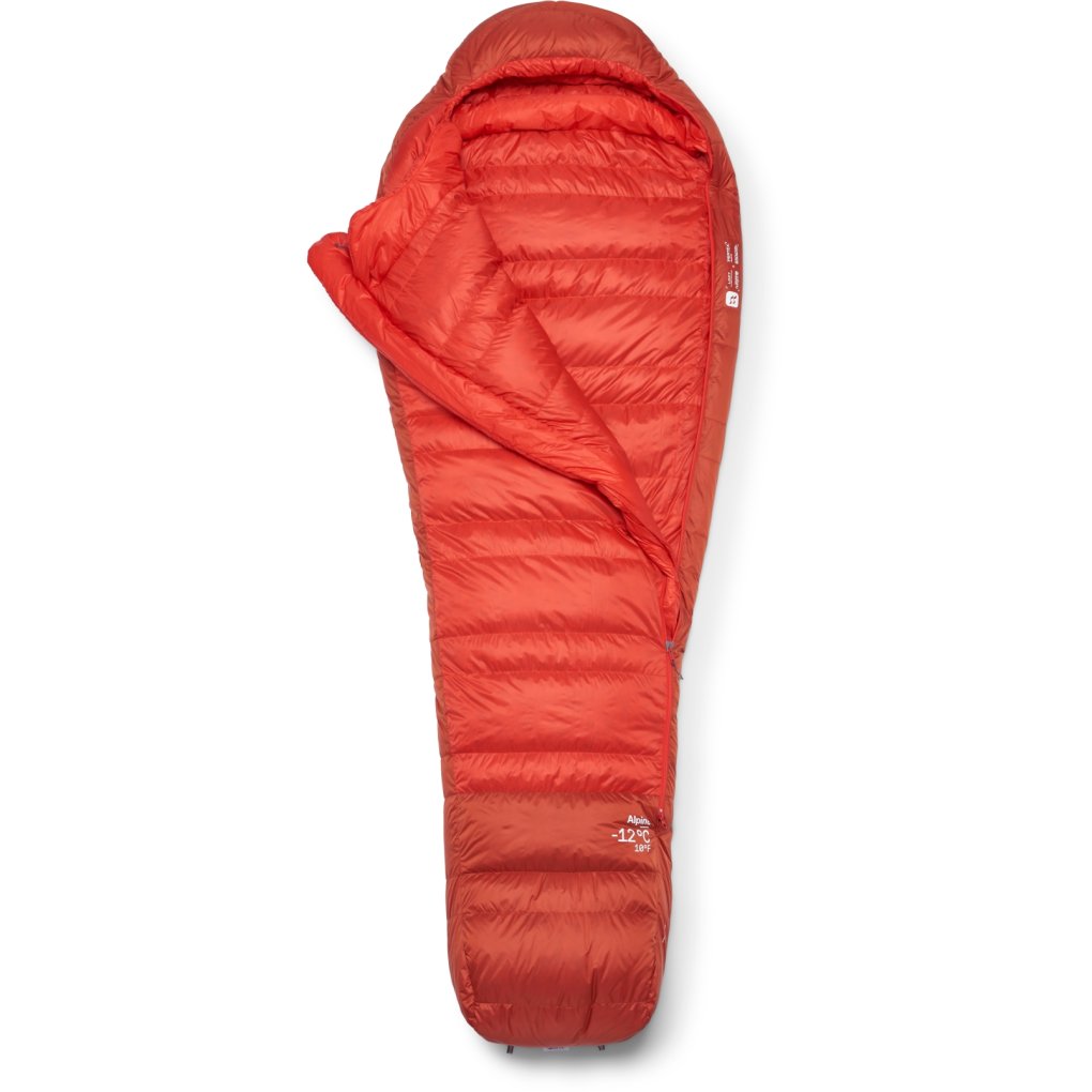 Rab Alpine -12C / 10F Down Sleeping Bag - Long - Zip Left - dark horizon/tuscan red