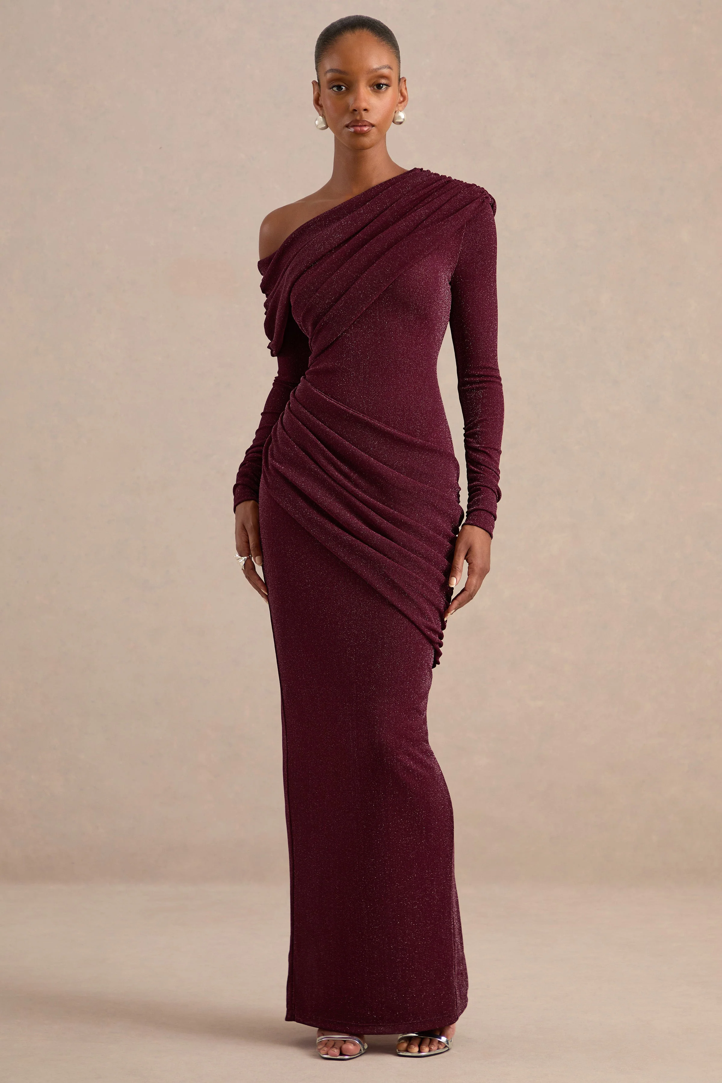 Annemarie | Burgundy Mesh One Shoulder Long Sleeve Maxi Dress With Ruching