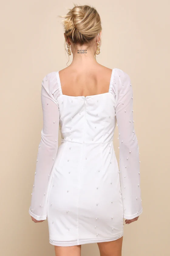 Flirty Luxury Light Pink Mesh Pearl Long Sleeve Mini Dress