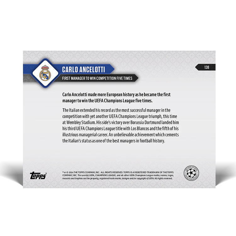 Carlo Ancelotti - UEFA Record: First manager to win competition five times - 23/24 UCL TOPPS NOW® Card 138