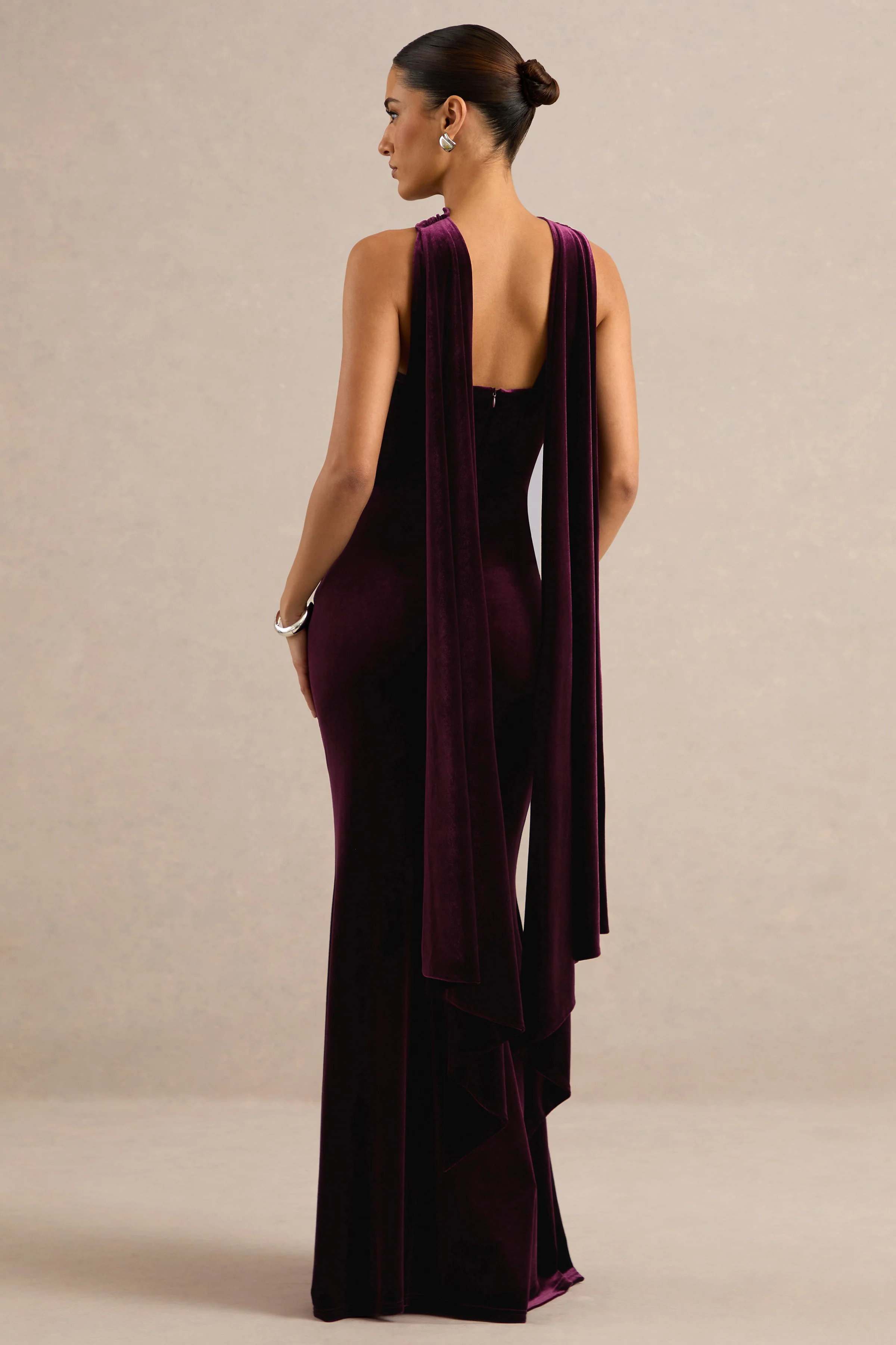 Vesperine | Purple Velvet Bandeau Maxi Dress With Back Split And Scarf Detail