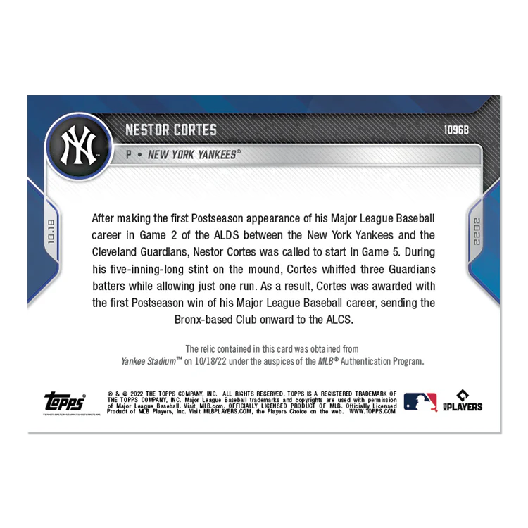 Game-used Ball Relic # to 5 - Nestor Cortes - 2022 MLB TOPPS NOW® Card 1096B