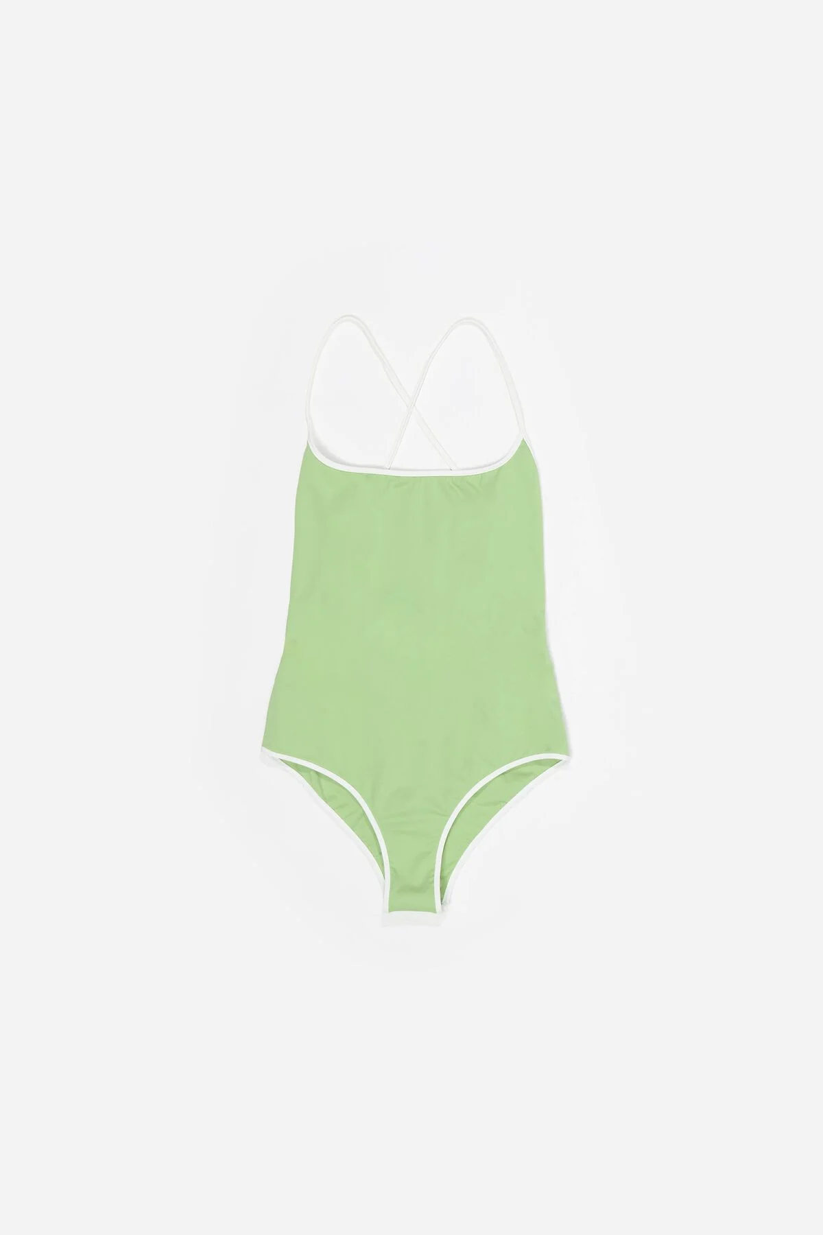 Green swimsuit with contrasting white trim