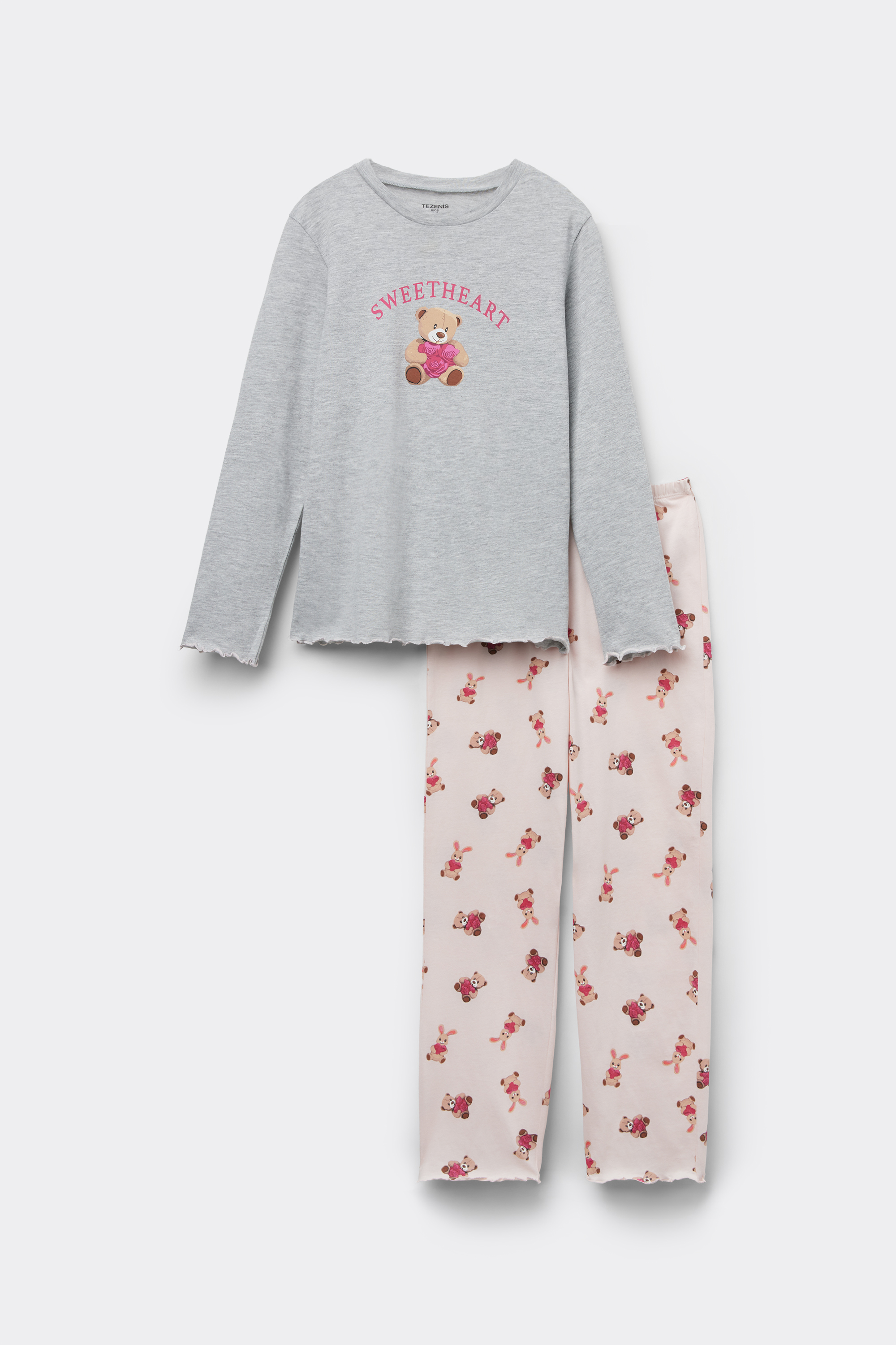 Girls’ Teddy Bear Print Cotton Long Pyjamas