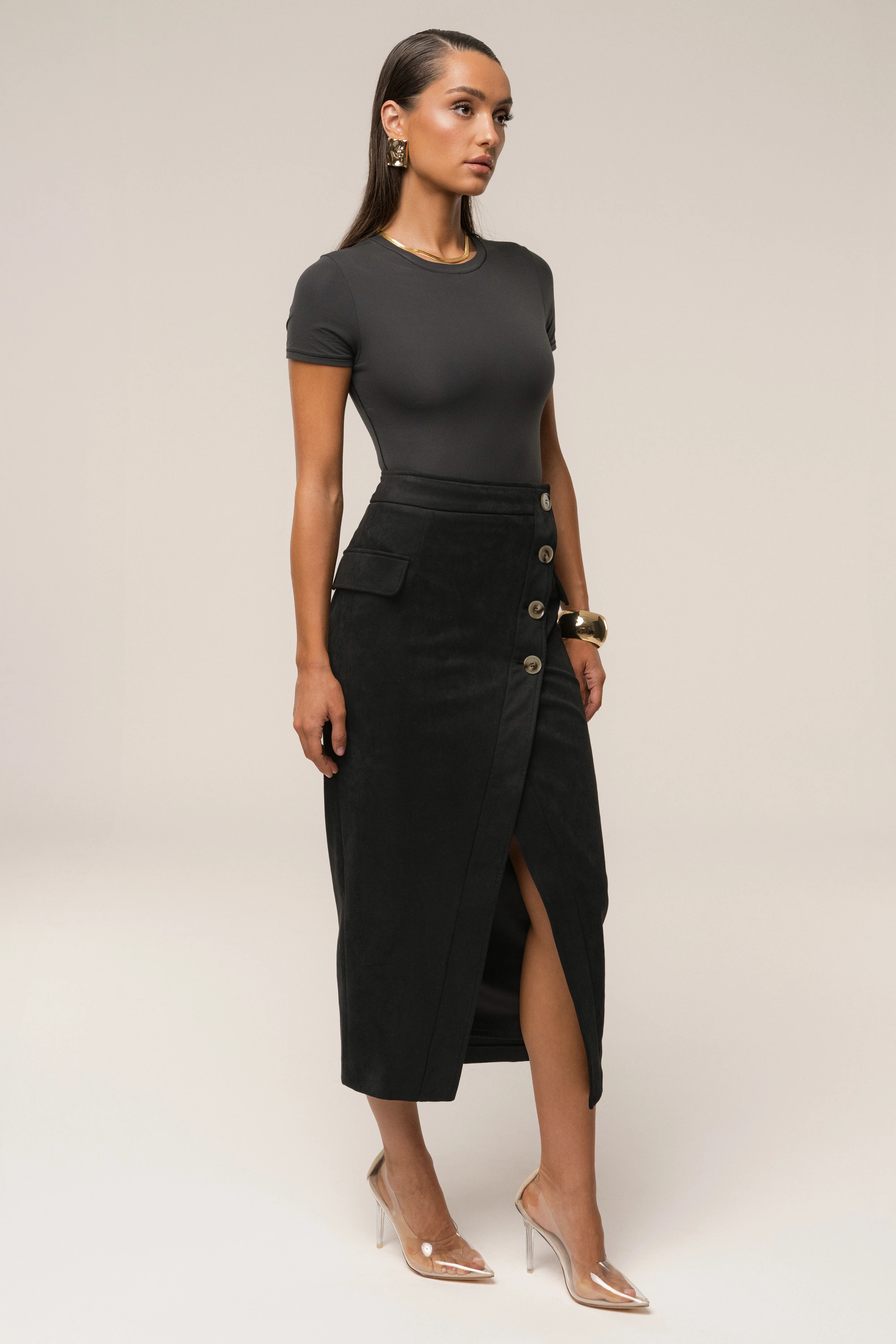 Black Audrey Suede Midi Skirt