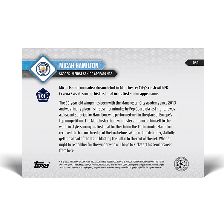 Topps UK - Micah Hamilton - Scores in first senior appearance - UCL TOPPS NOW® Card #80