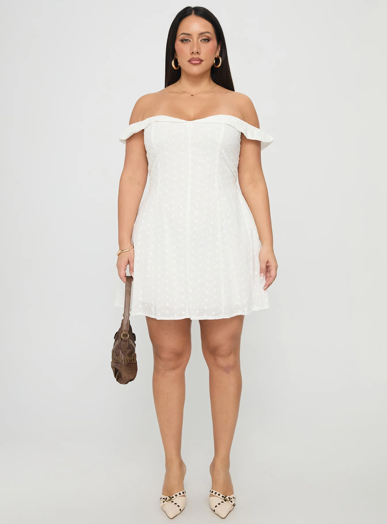 Rosebud Broderie Off The Shoulder Mini Dress White Curve