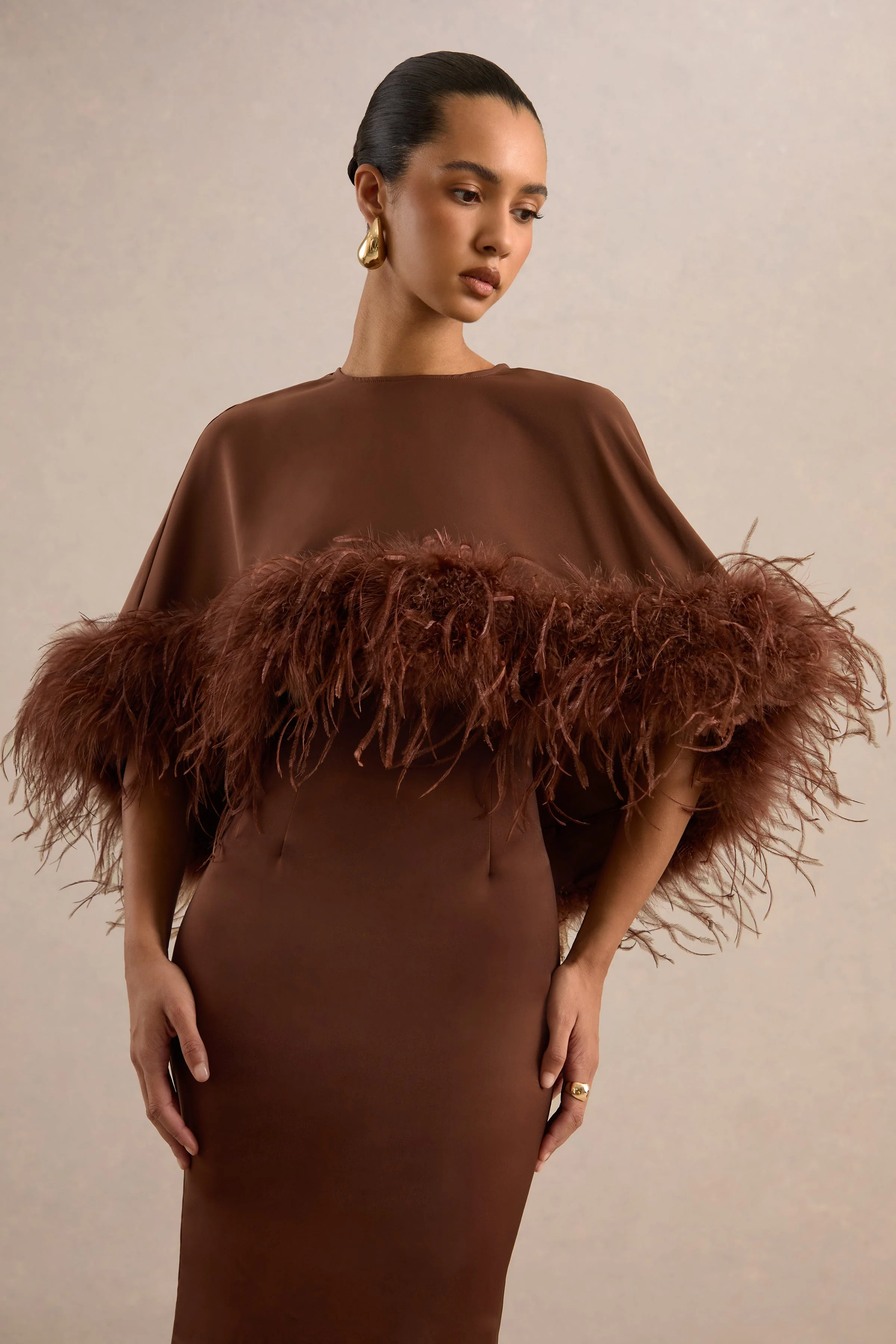 Tervessa | Brown Satin Round Neck Long Sleeve Cape With Feather Detailing