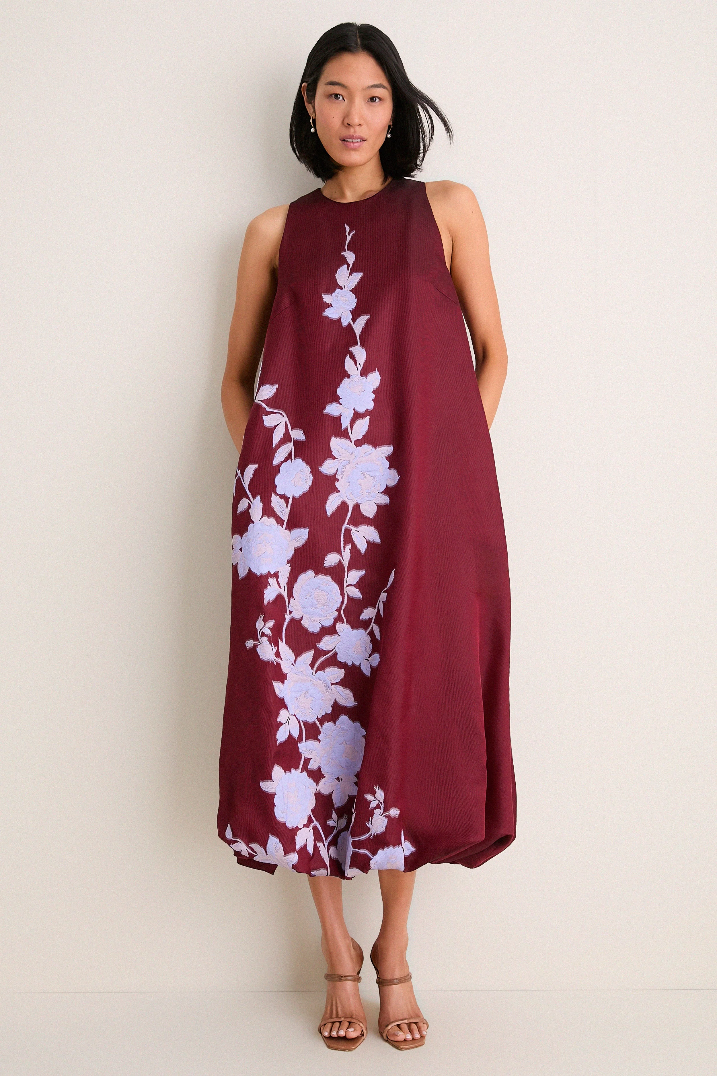 Oxblood and Lavendar Rose Fil Coupe Bubble Hem Dress