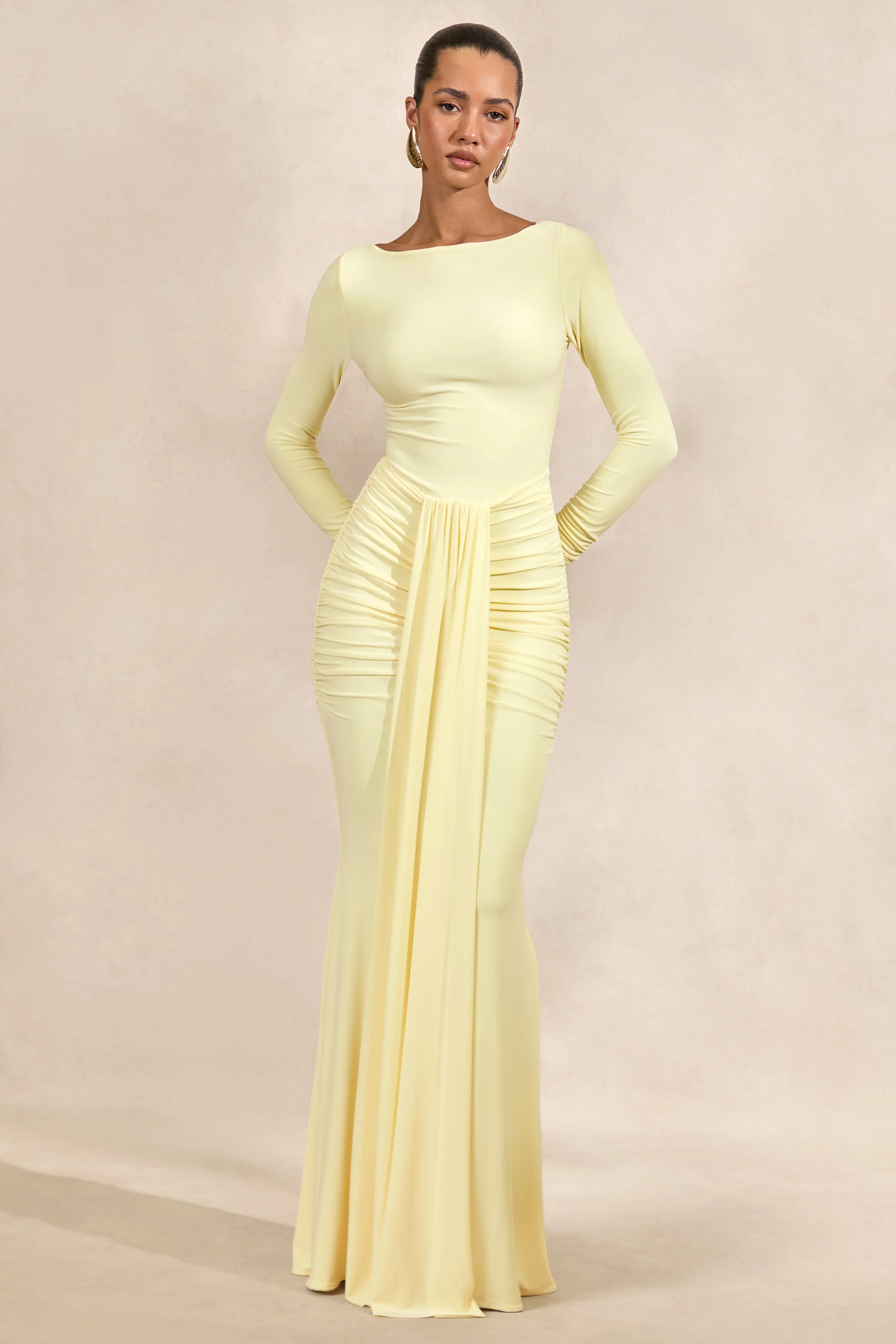 Liatris | Lemon Jersey Boat Neck Long Sleeve Maxi Dress With Gathered Detailing And Sash