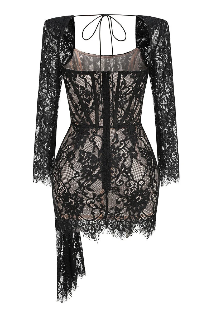 Long Sleeves Black Lace Tight Dress with Train