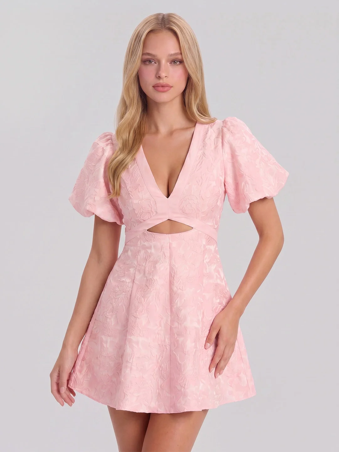 Floral Jacquard V Neck Fit and Flare Dress