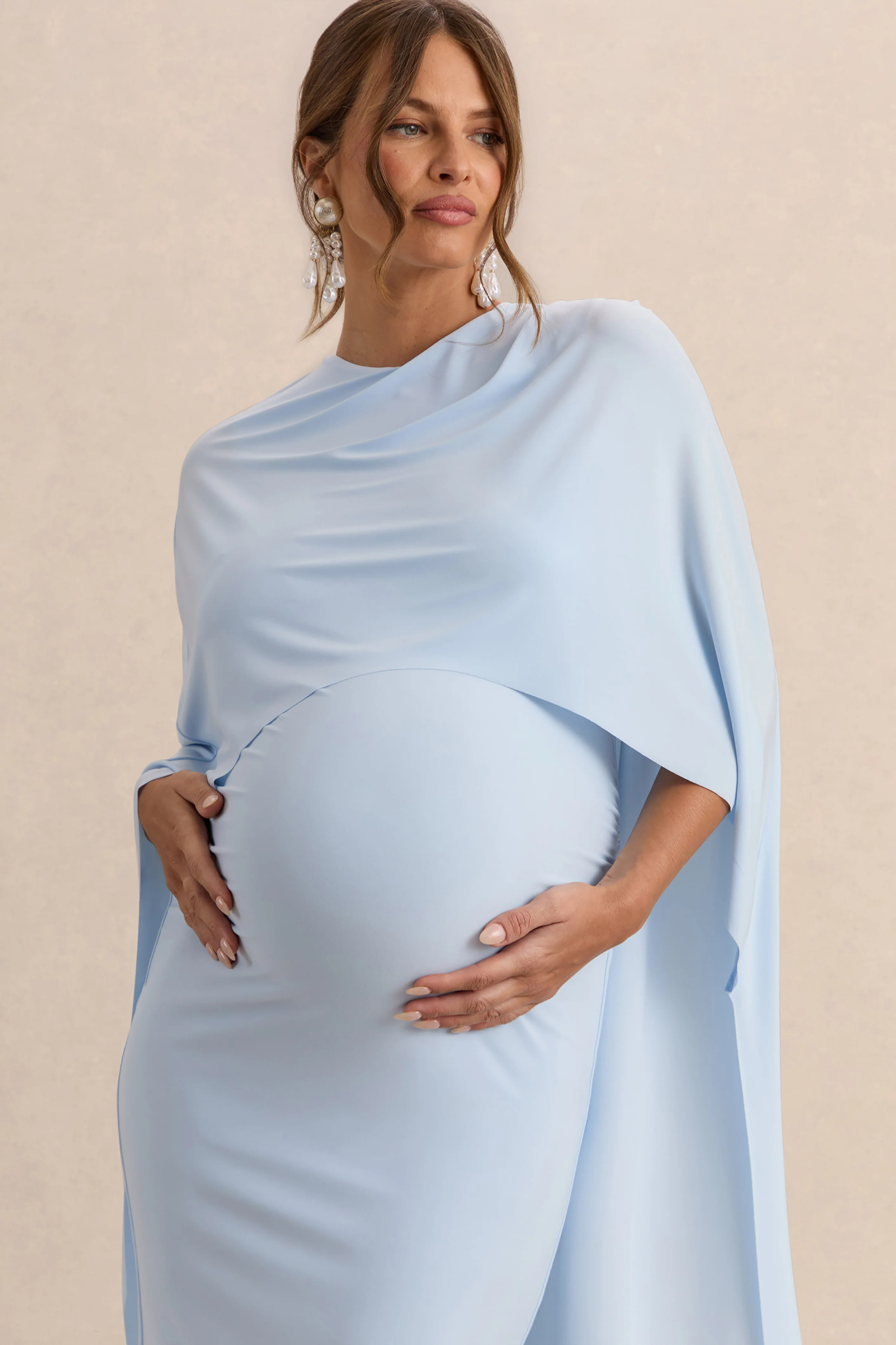 Arwen | Powder Blue Round-Neck Maternity Midi Dress With Cape Detail