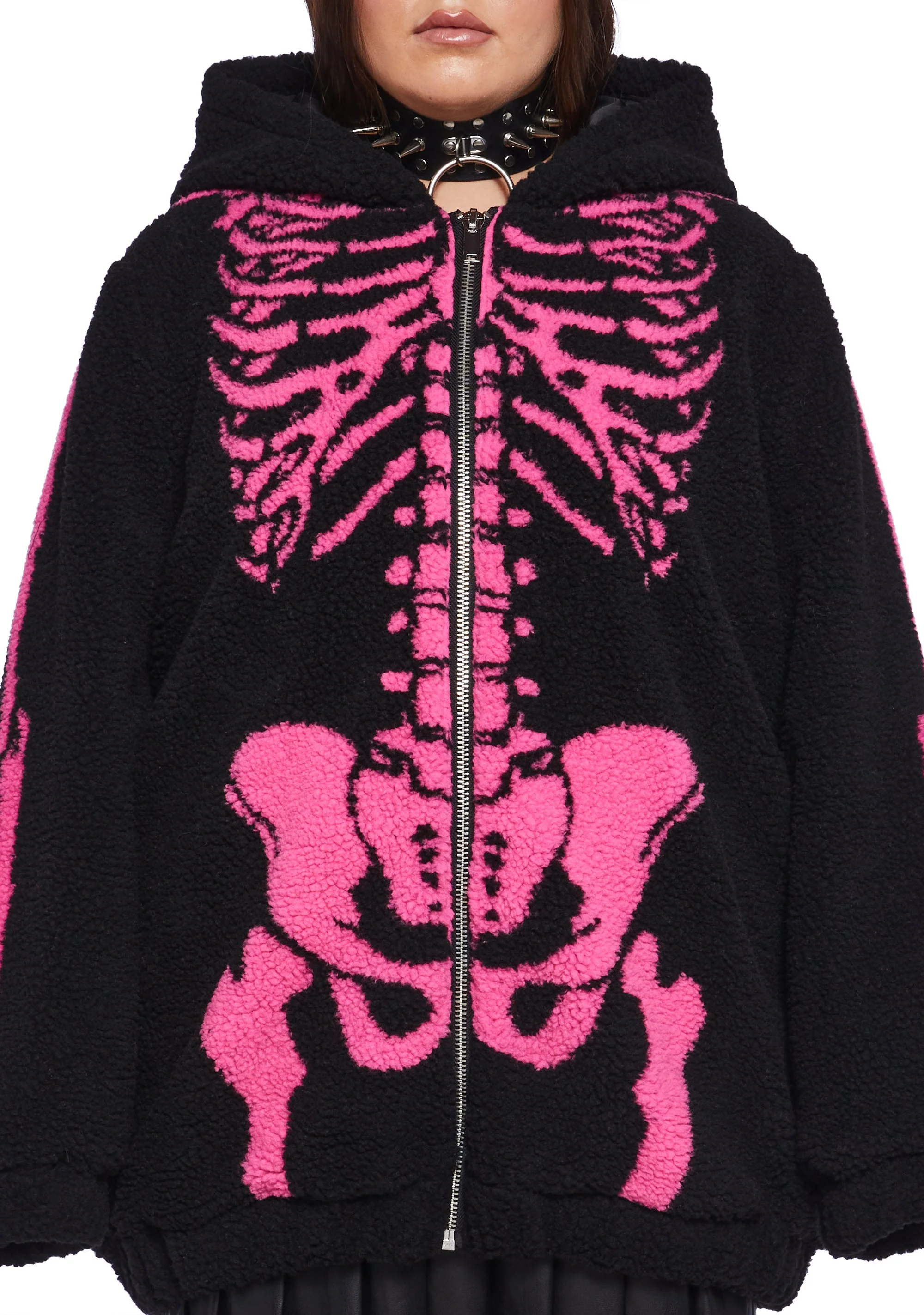 Baring It All Skeleton Hooded Sherpa Jacket - Pink