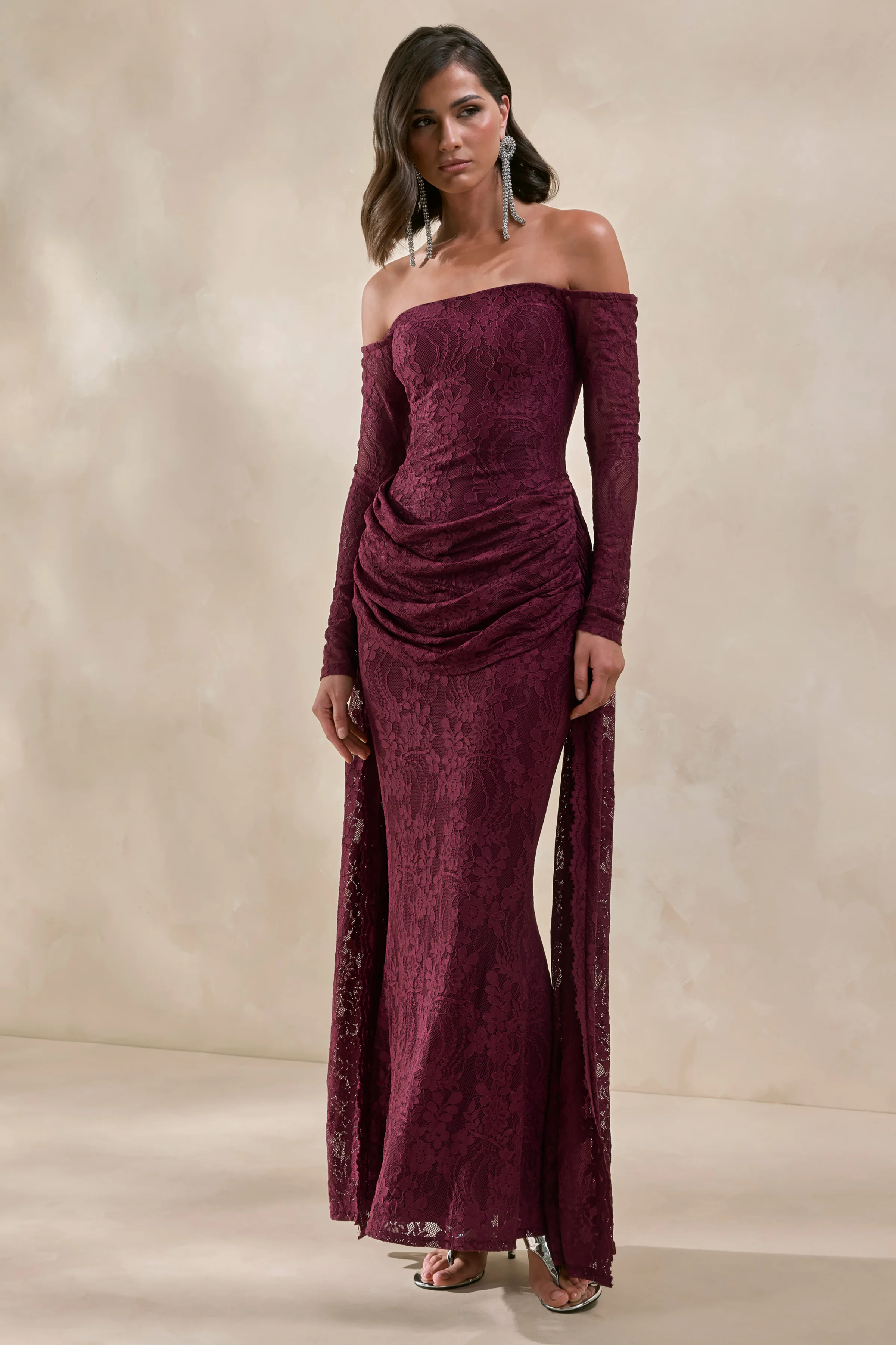 Parisse | Burgundy Lace Bardot Ruched Long Sleeve Maxi Dress With Draped Detailing