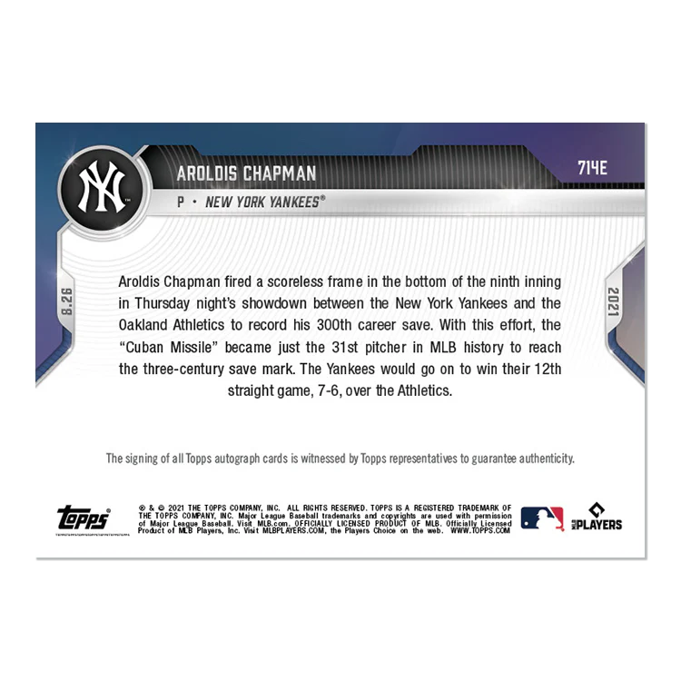 On-Card Auto # to 5 - Aroldis Chapman - 2021 MLB TOPPS NOW® Card 714E