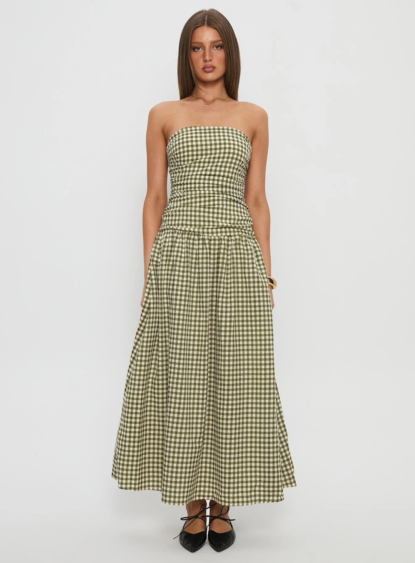 Frankey Strapless Drop Waist Maxi Dress Green Check