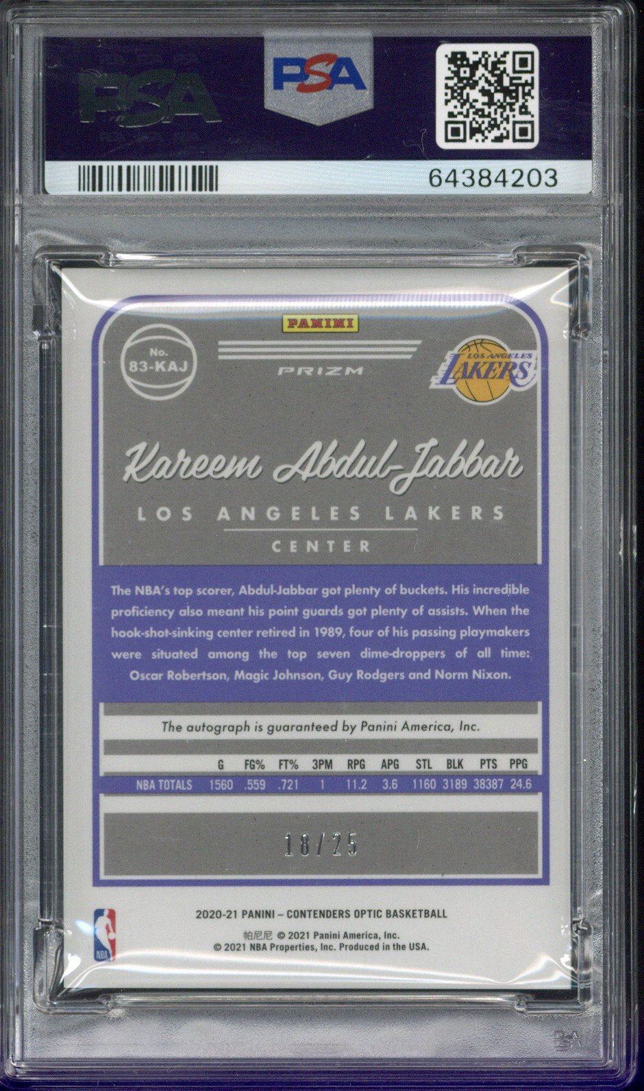 2020 Panini Contenders Optic Kareem Abdul-Jabbar 1983 Tribute Auto-Red /25 #83 PSA 10