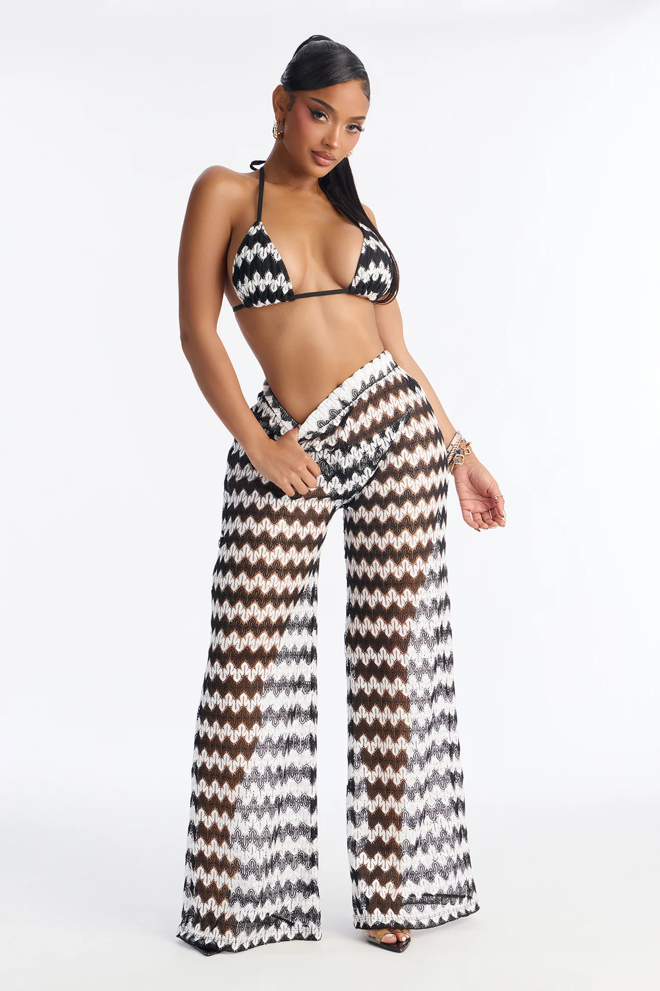 Bailey Crochet 3 Piece Bikini & Pants Set - Black/White