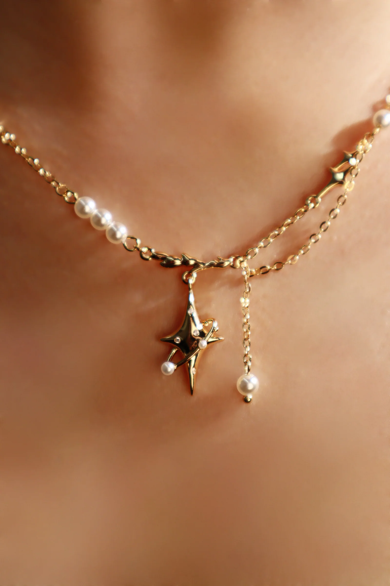 18K Real Gold Plated Saturn Star Spiral Pearls Necklace