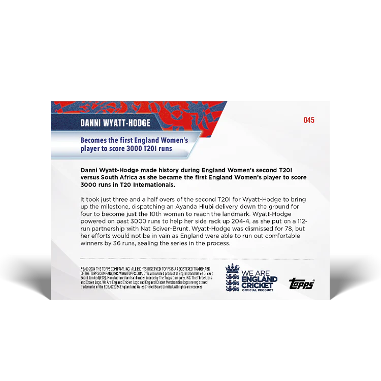 Danni Wyatt-Hodge - Becomes the first England Women’s player to score 3000 T20I runs  - 23/24 ECB Topps NOW® Card 45