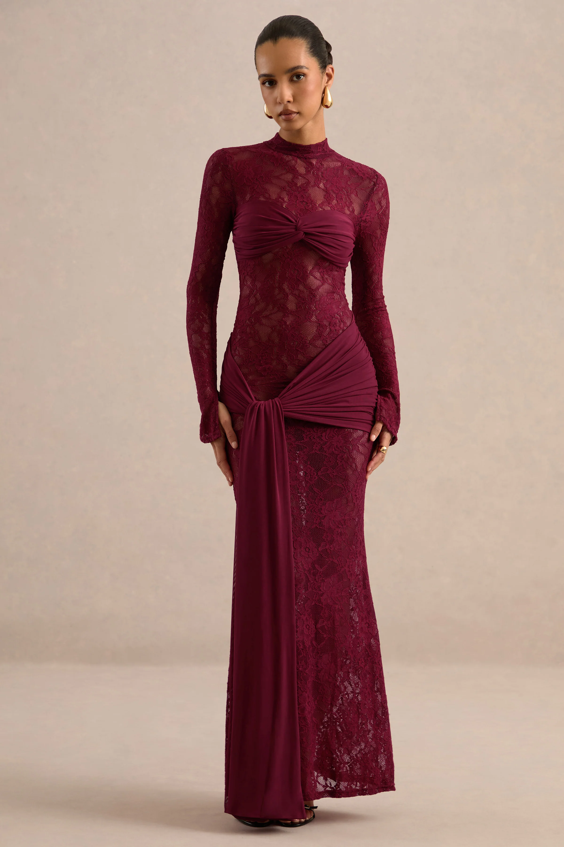 Akira | Red Sheer Lace High Neck Long Sleeve Maxi Dress With Gathered Detailing And Sash