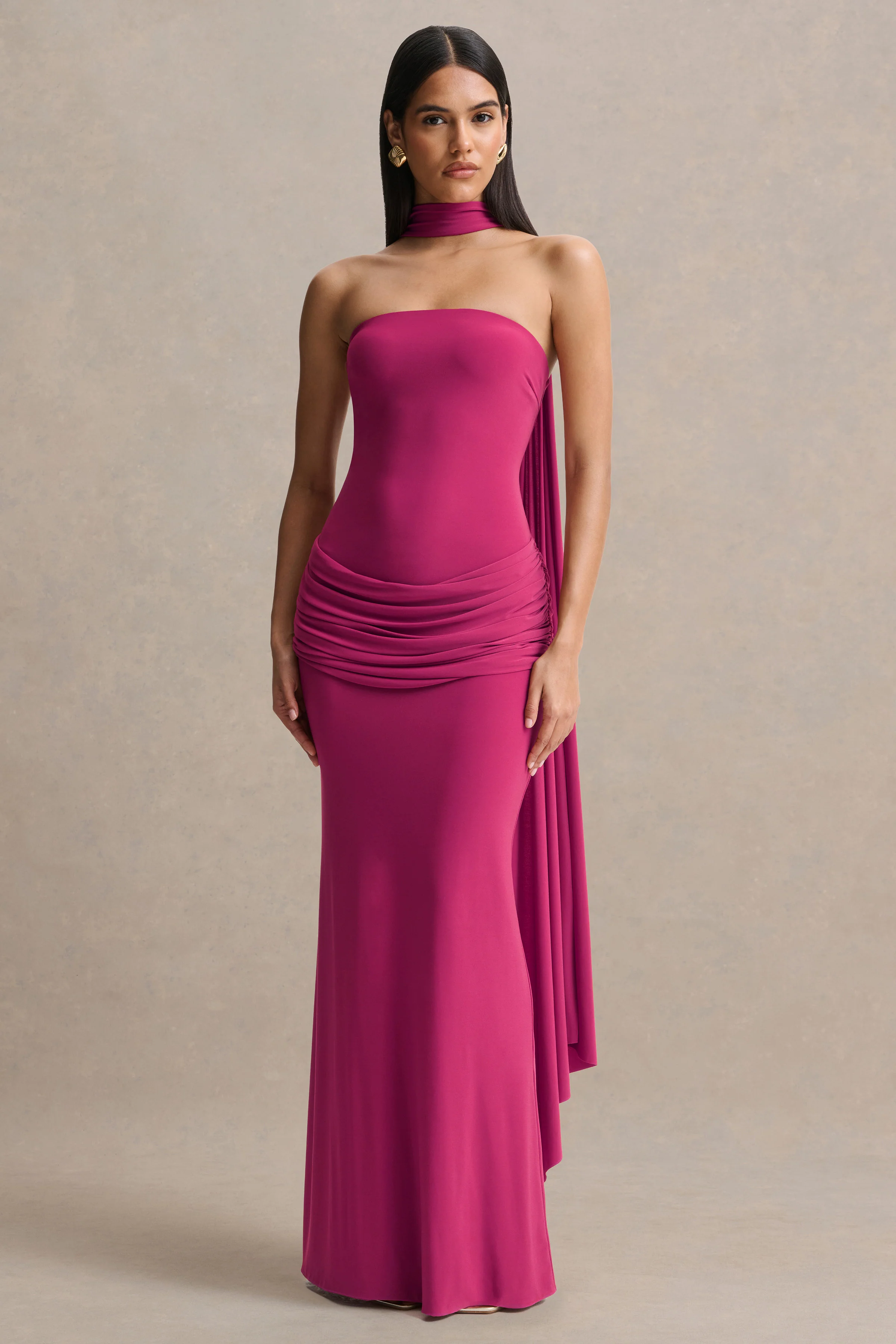 Graciella | Hot Pink Bandeau Maxi Dress With Draped Detailing And Scarf