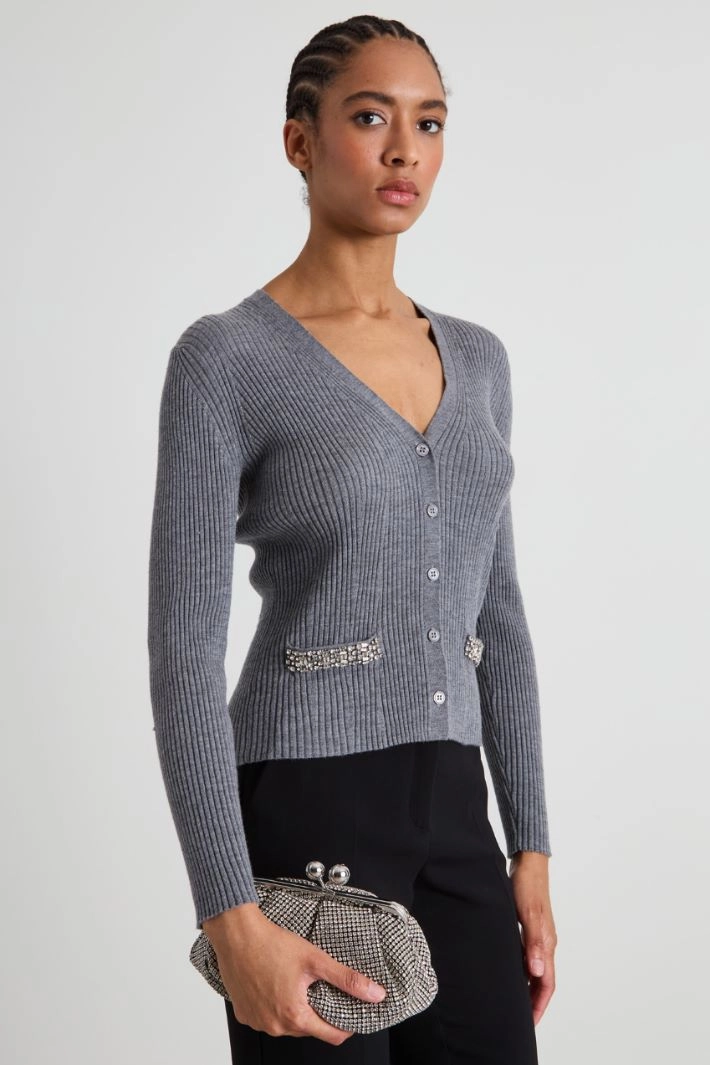 Wool cardigan with rhinestones - GREY