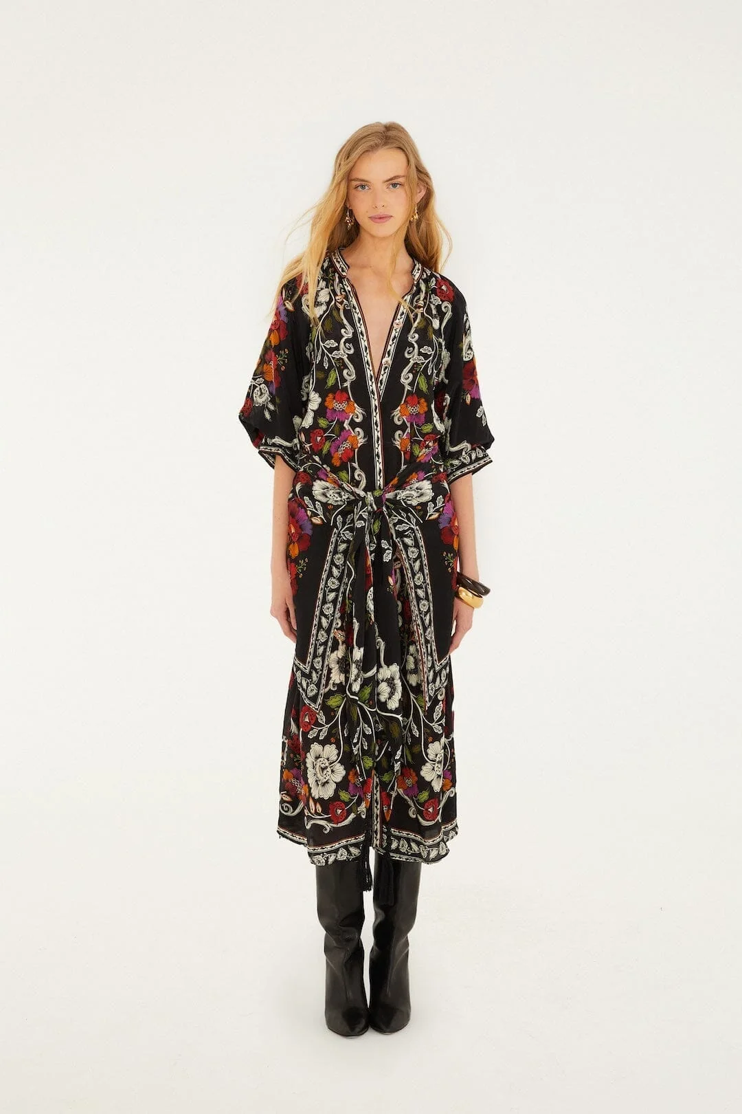 Black Rococo Flowers Belted Midi Dress
