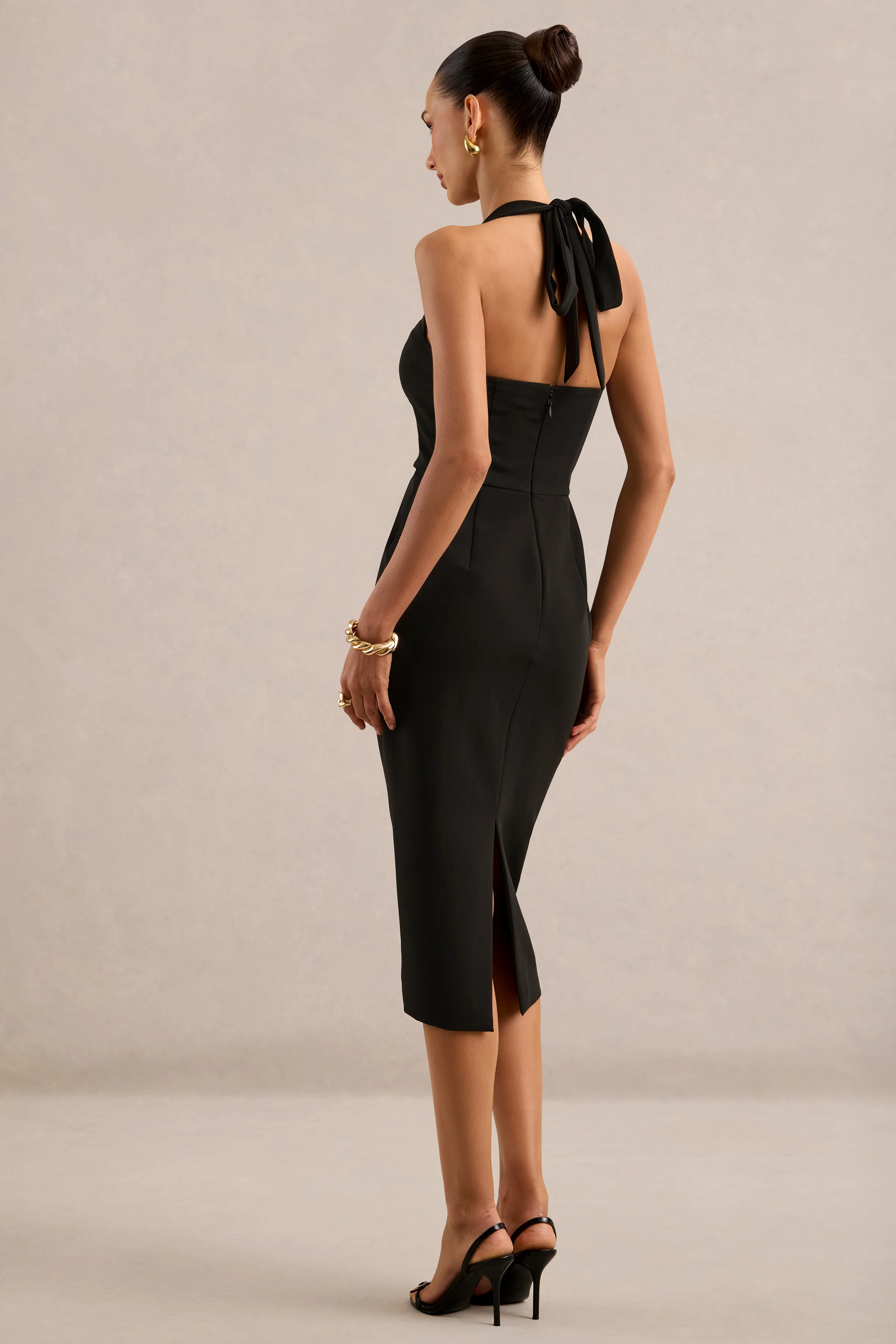Ailith | Black Sweetheart Neck Midi Dress With Tie Back And Back Split