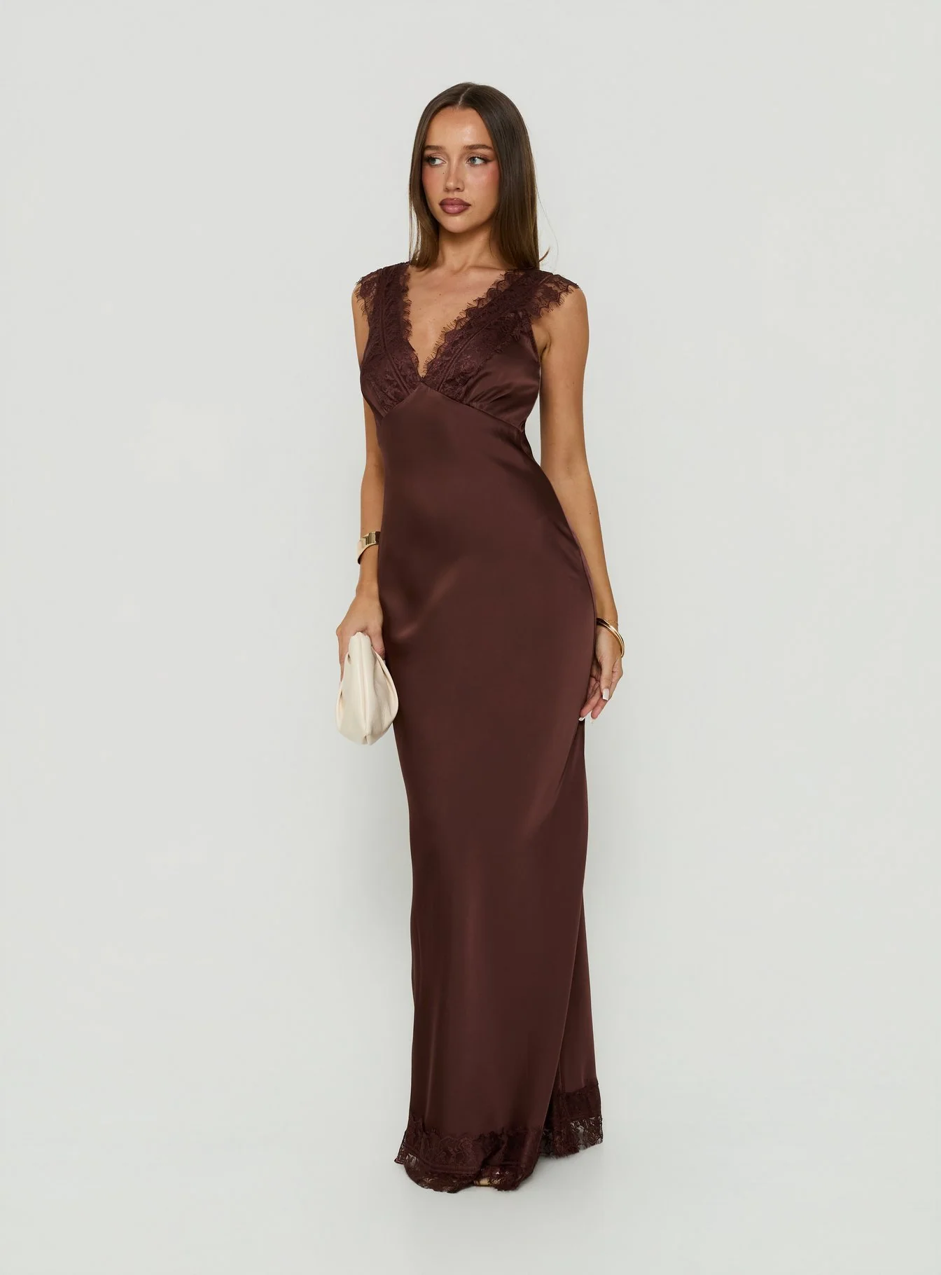 Kiinney Lace Trim Sleeveless Maxi Dress Brown
