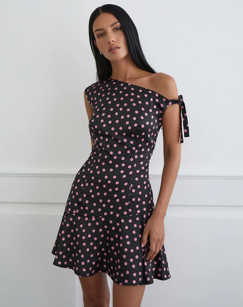 Maribel Mini Dress in Black Satin Scattered with Pink Polka