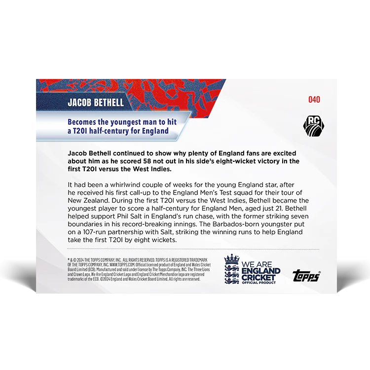 Jacob Bethell (ROOKIE) - Becomes the youngest man to hit a T20I half-century for England - 23/24 ECB Topps NOW® Card 40