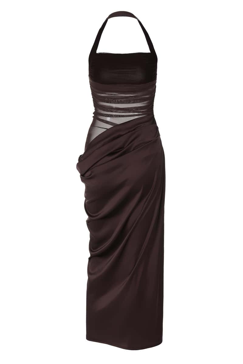 Halter Brown Ruched Cutout Long Dress