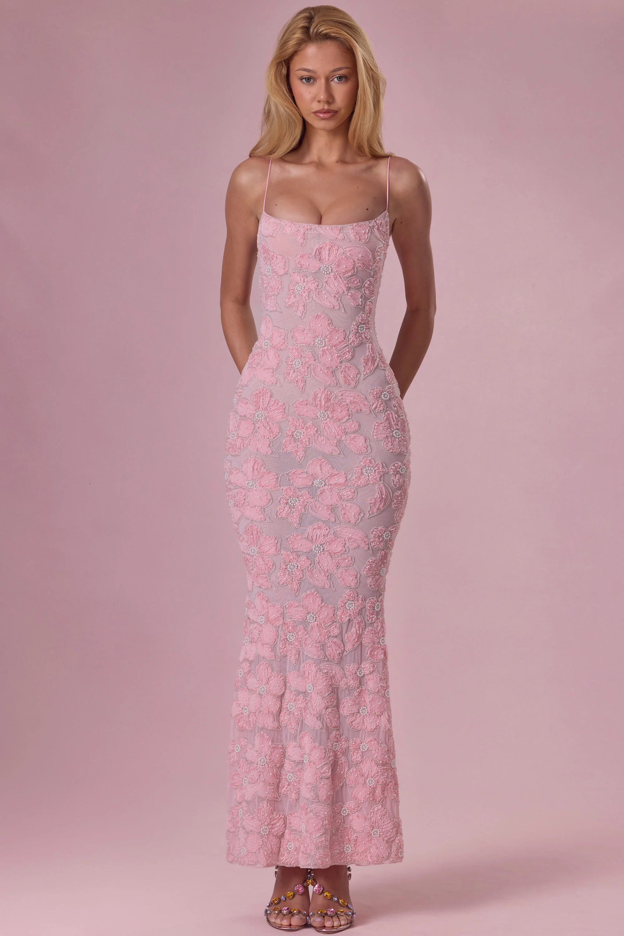 Embellished Square Neck Maxi Dress in Blush