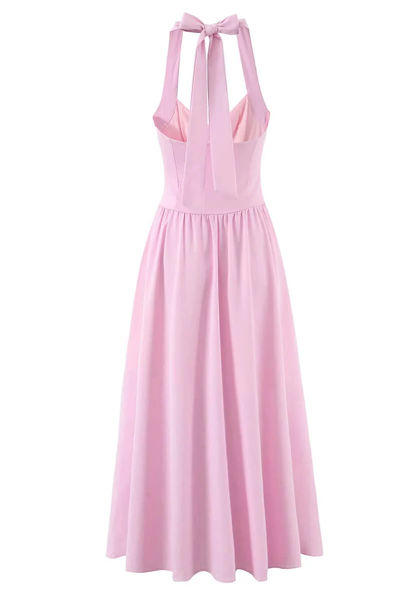 Halter Pink Midi Dress with Buttons