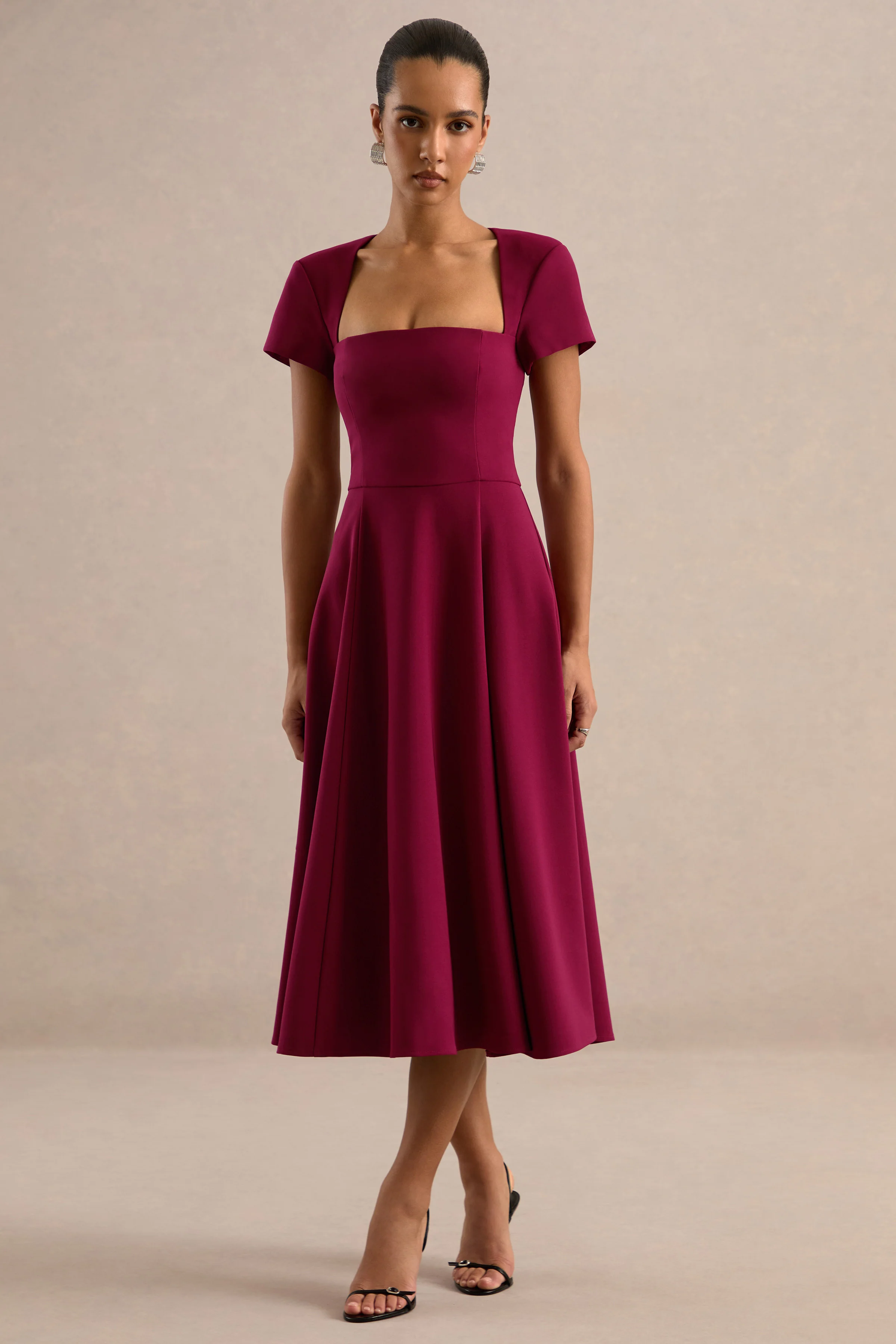 Donia | Burgundy Square Neck Short Sleeve A-Line Midi Dress