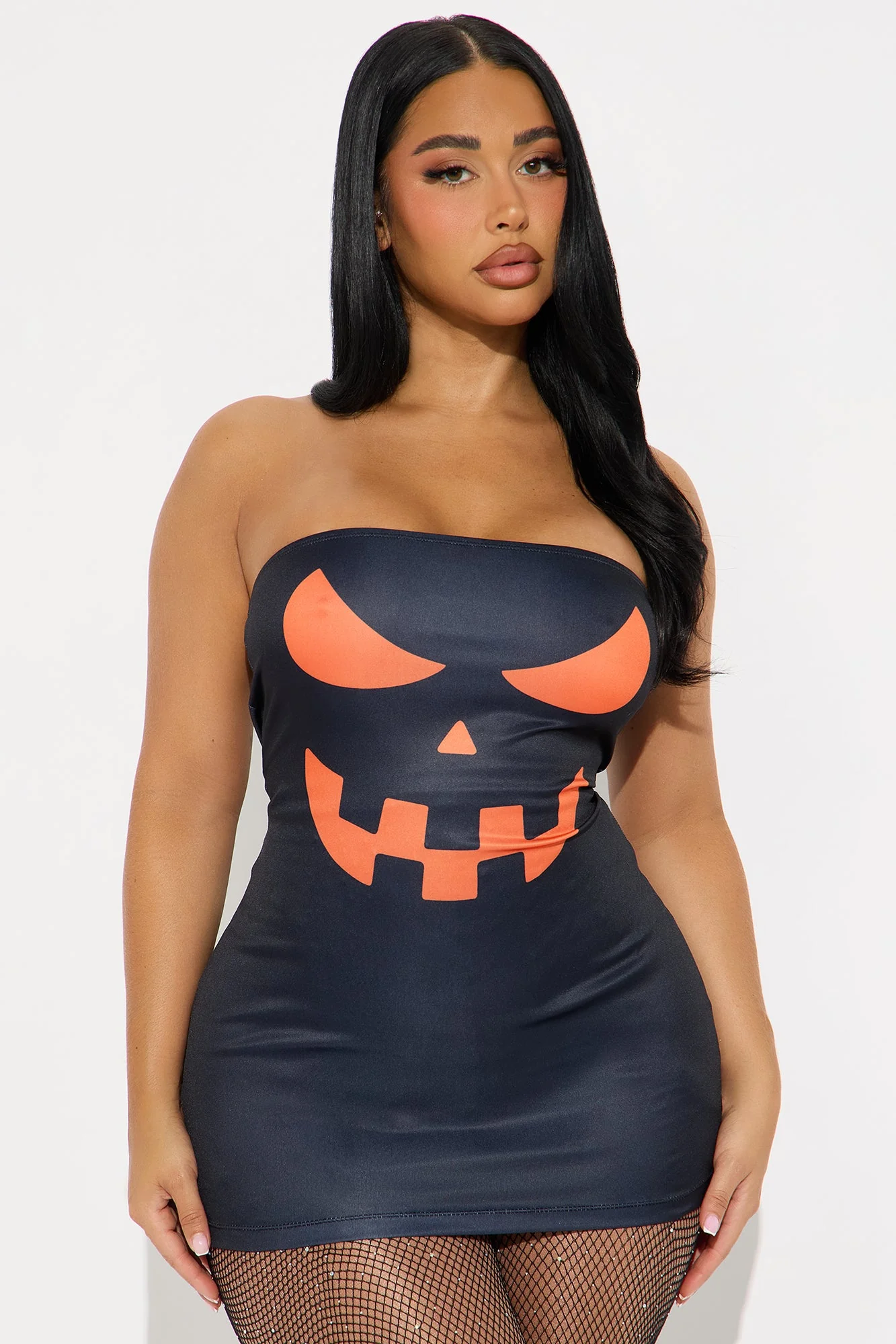 Lady Jacko Lantern Bodycon Mini Dress Halloween Costume - Black/Orange