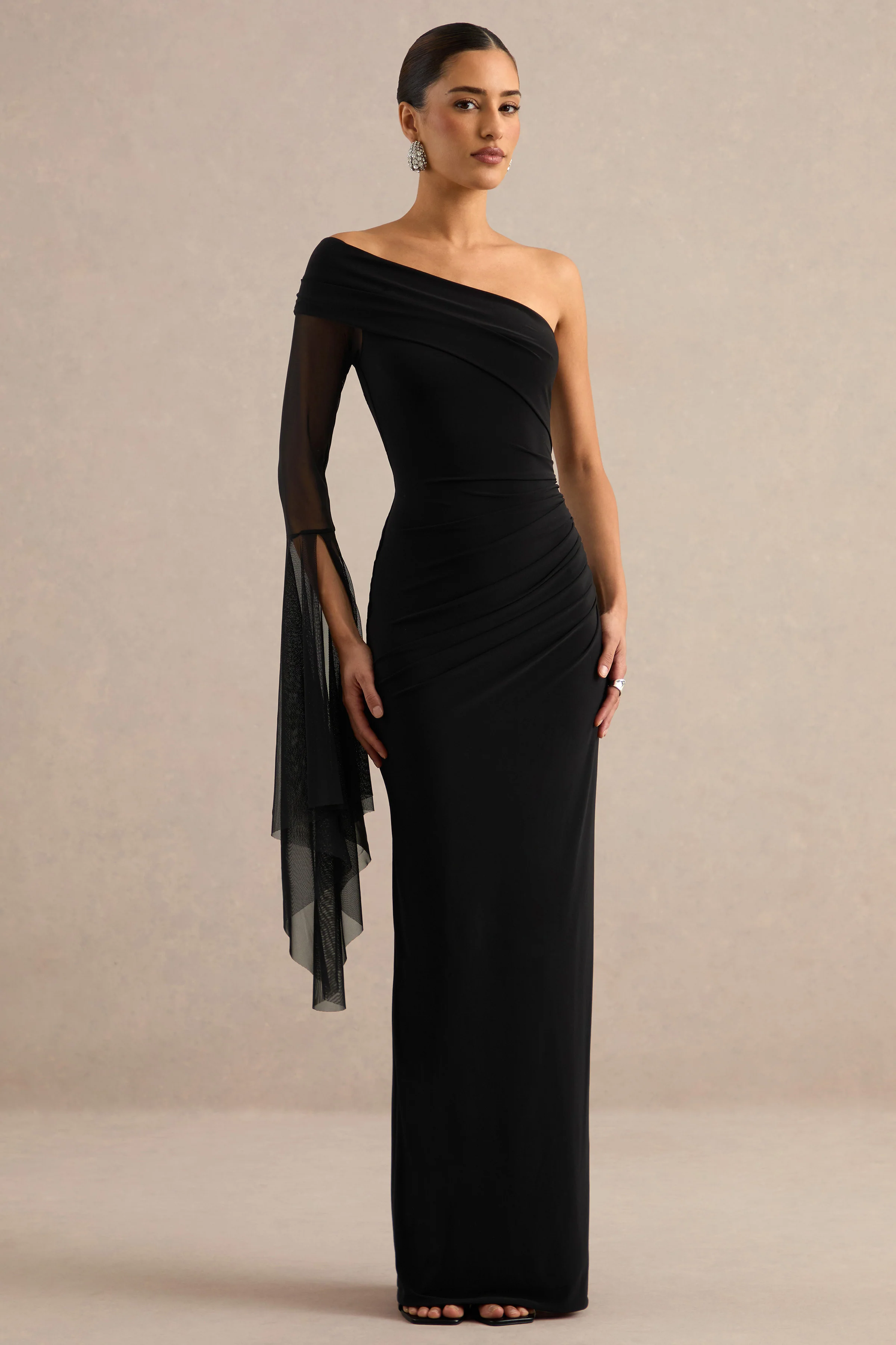 Evony | Black Jersey Off The Shoulder Maxi Dress With Ruching and Sheer Sleeve
