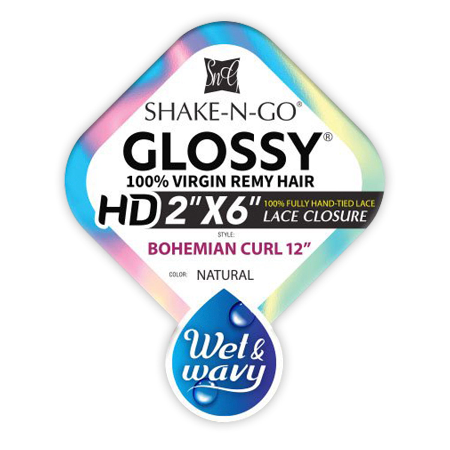 Shake-N-Go Virgin Remy Hair HD Lace Closure Glossy Wet N Wavy 2X6 Bohemian Curl 12