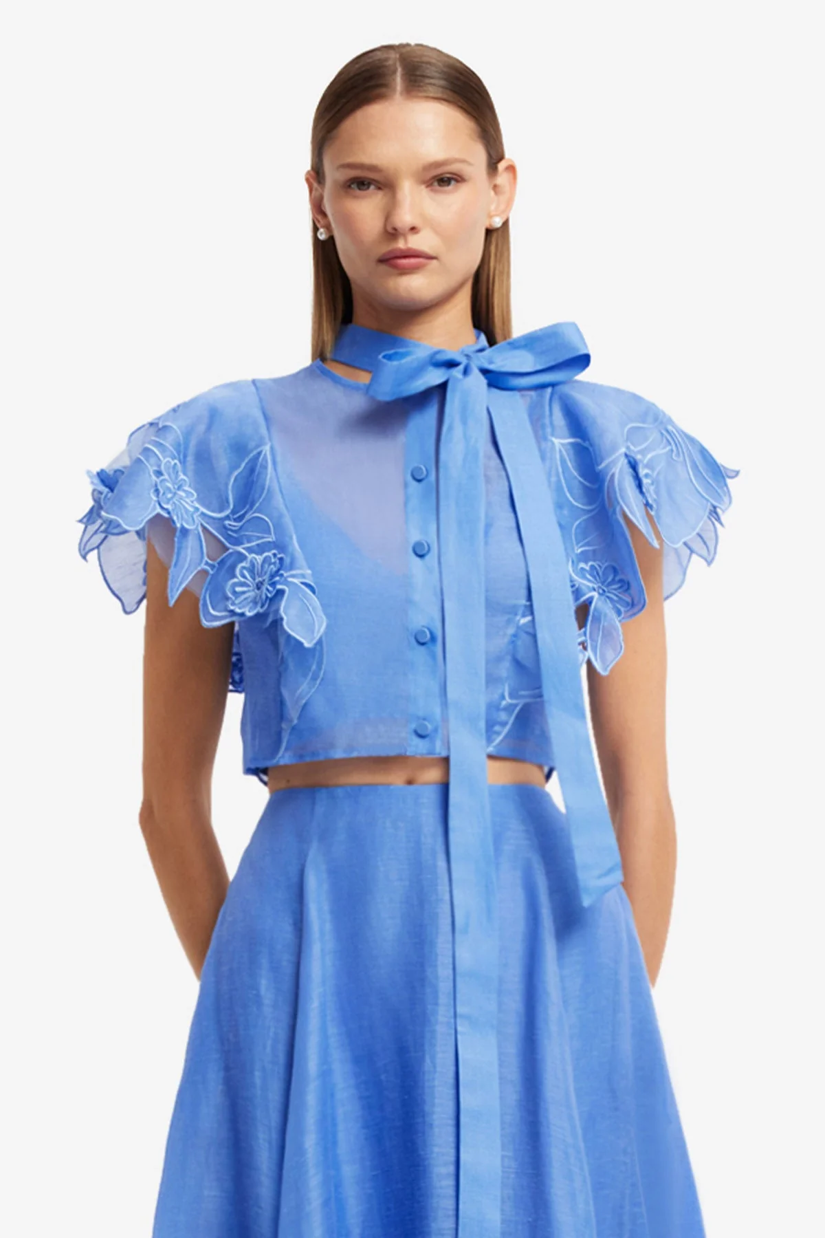 Jasmine Appliqué Flutter Sleeve Top - Azure