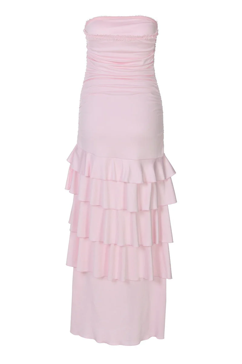 Strapless Pink Fitted Ruffle Dress