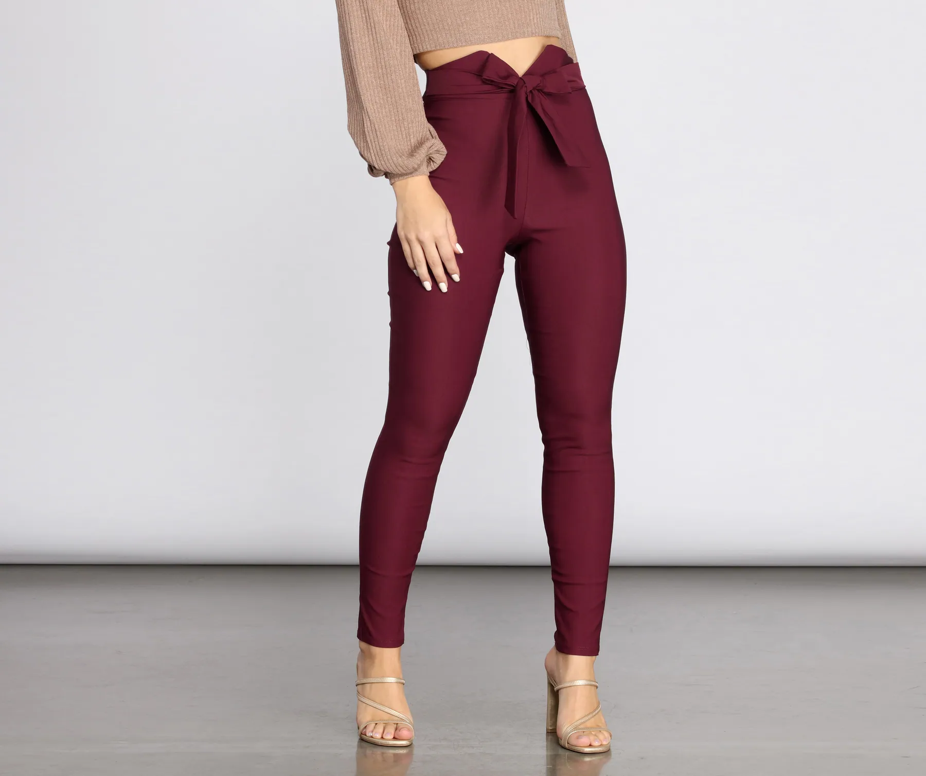 High Waist Tie Front Skinny Pants - Burgundy