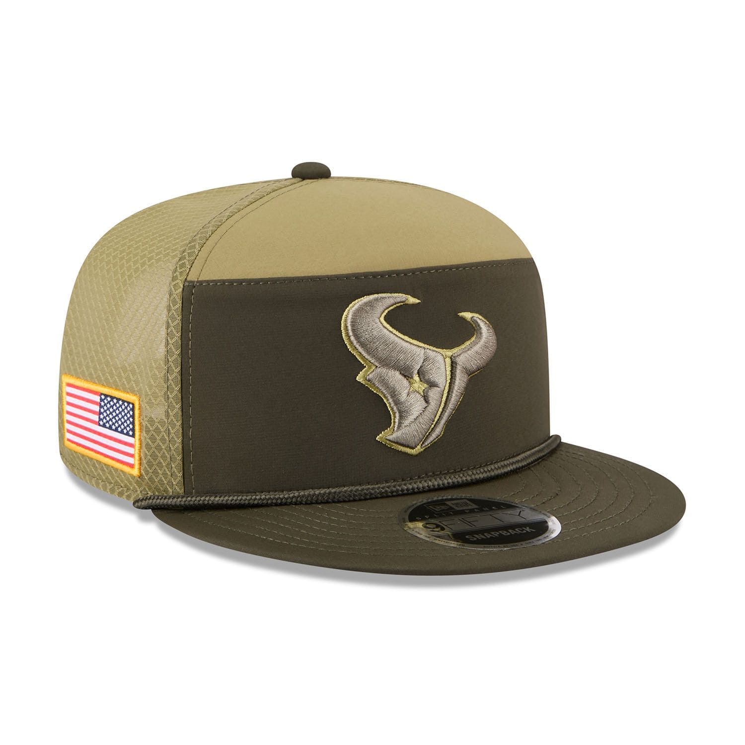Houston Texans 2025 NFL Salute to Service 9FIFTY Split Panel Trucker Snapback Cap Olive