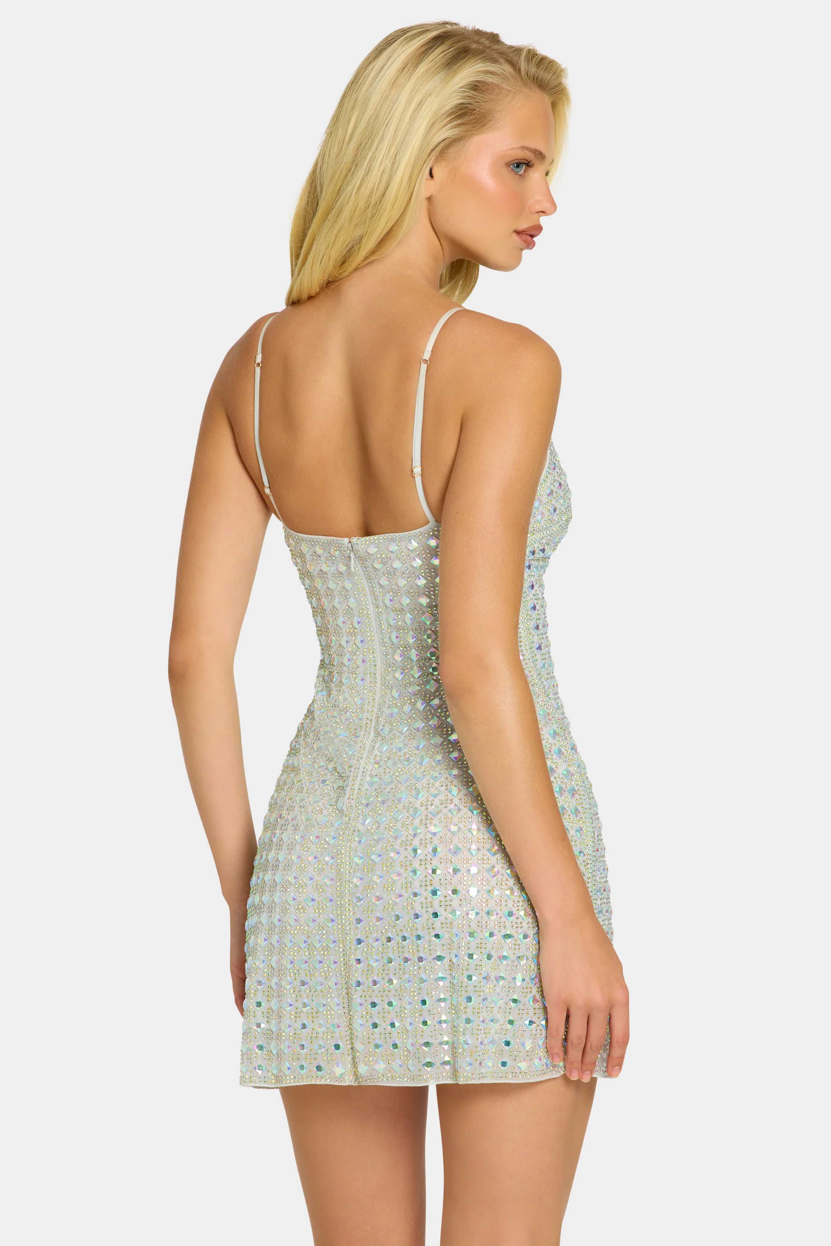 Embellished V-neck A-Line Mini Dress in Silver