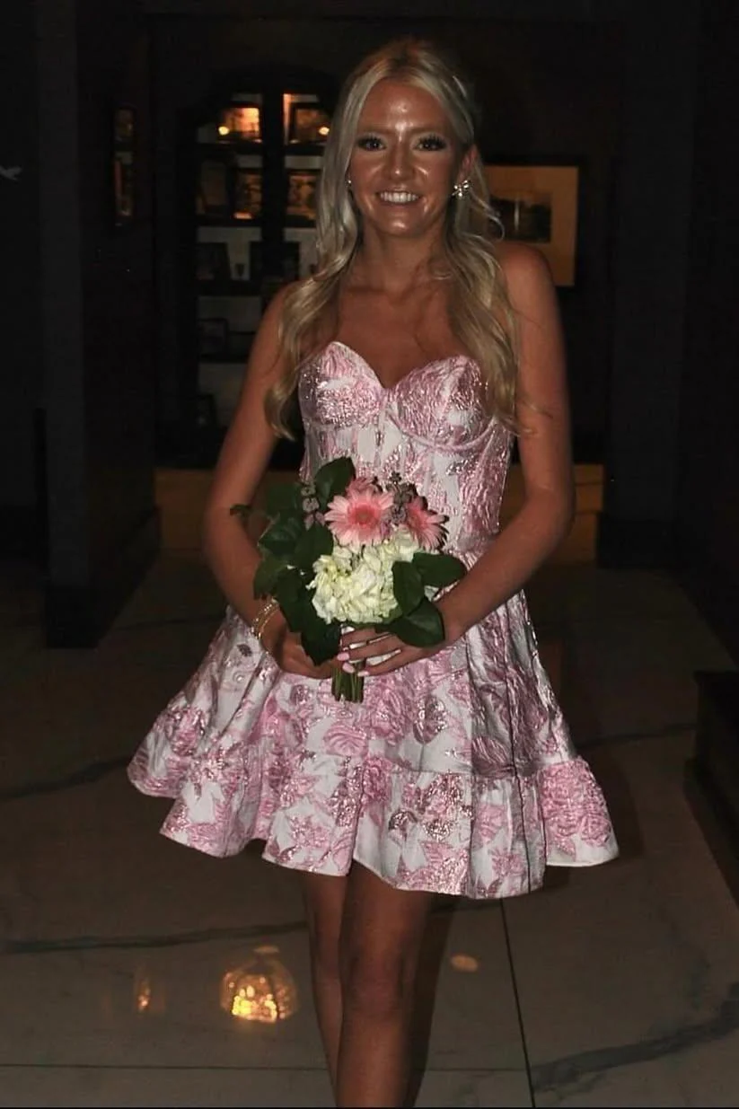 Sweetheart Purple Floral Print A-line Short Dress