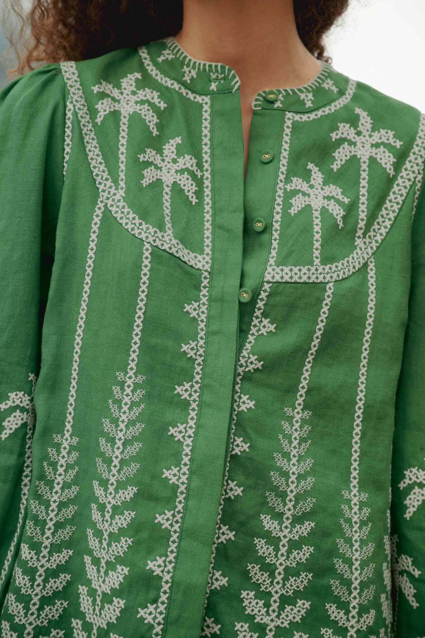 Bicolor Cross Stich Embroidery Blouse Long Sleeve