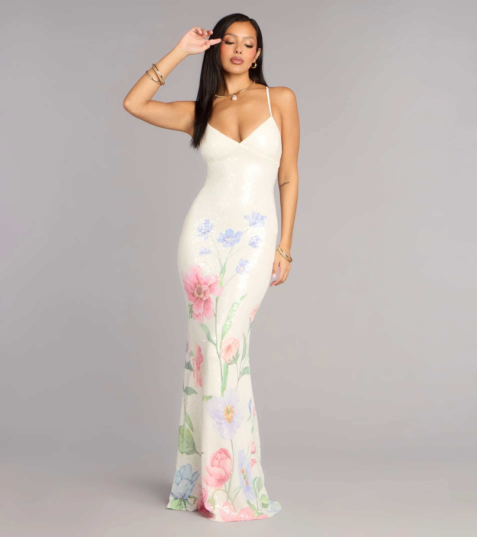 Melany Floral Sequin Lace-Up Formal Dress