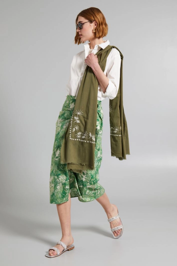 Embroidered stole - KHAKI GREEN WHITE