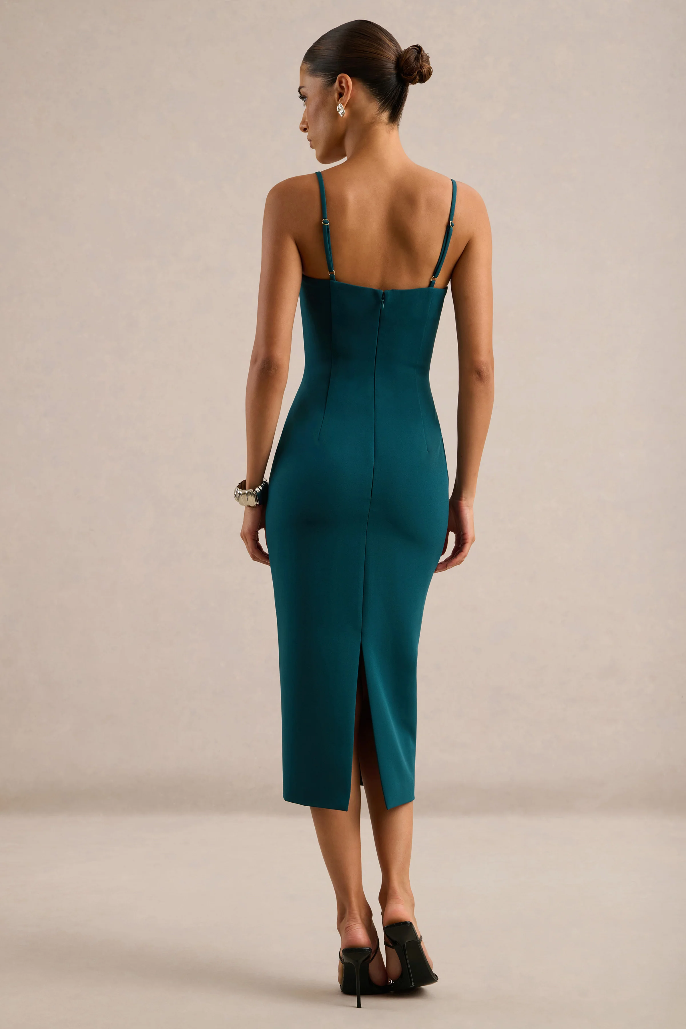 Celandia | Teal Round Neck Midi Dress With Detachable Cape And Back Split